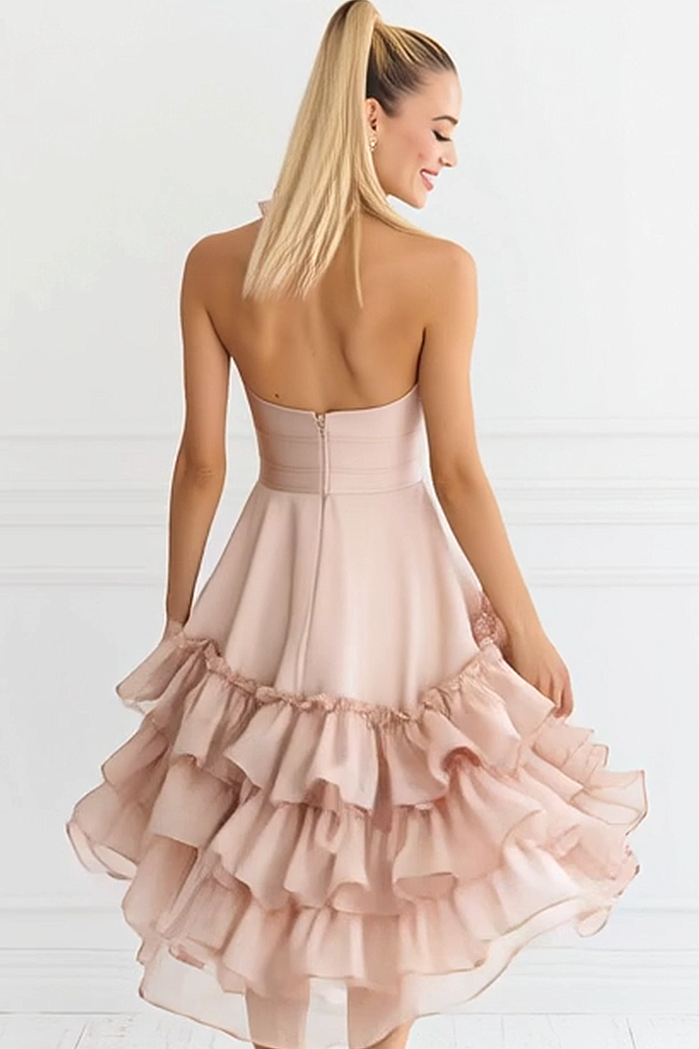 Modecrush Light Pink A-Line Halter Tiered Satin Homecoming Dress with Ruffles