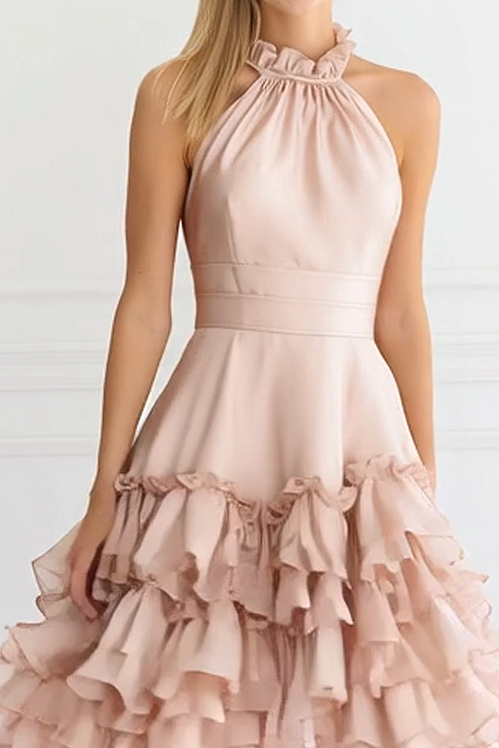 Modecrush Light Pink A-Line Halter Tiered Satin Homecoming Dress with Ruffles