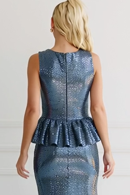 Modecrush Sparkly Blue Mermaid Crew Neck Sequined Long Prom Dress with Ruffles