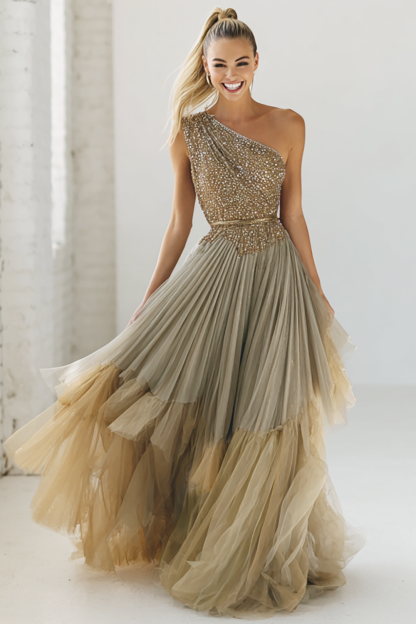 Modecrush Sparkly Brown One Shoulder Long Prom Dress with Sequin