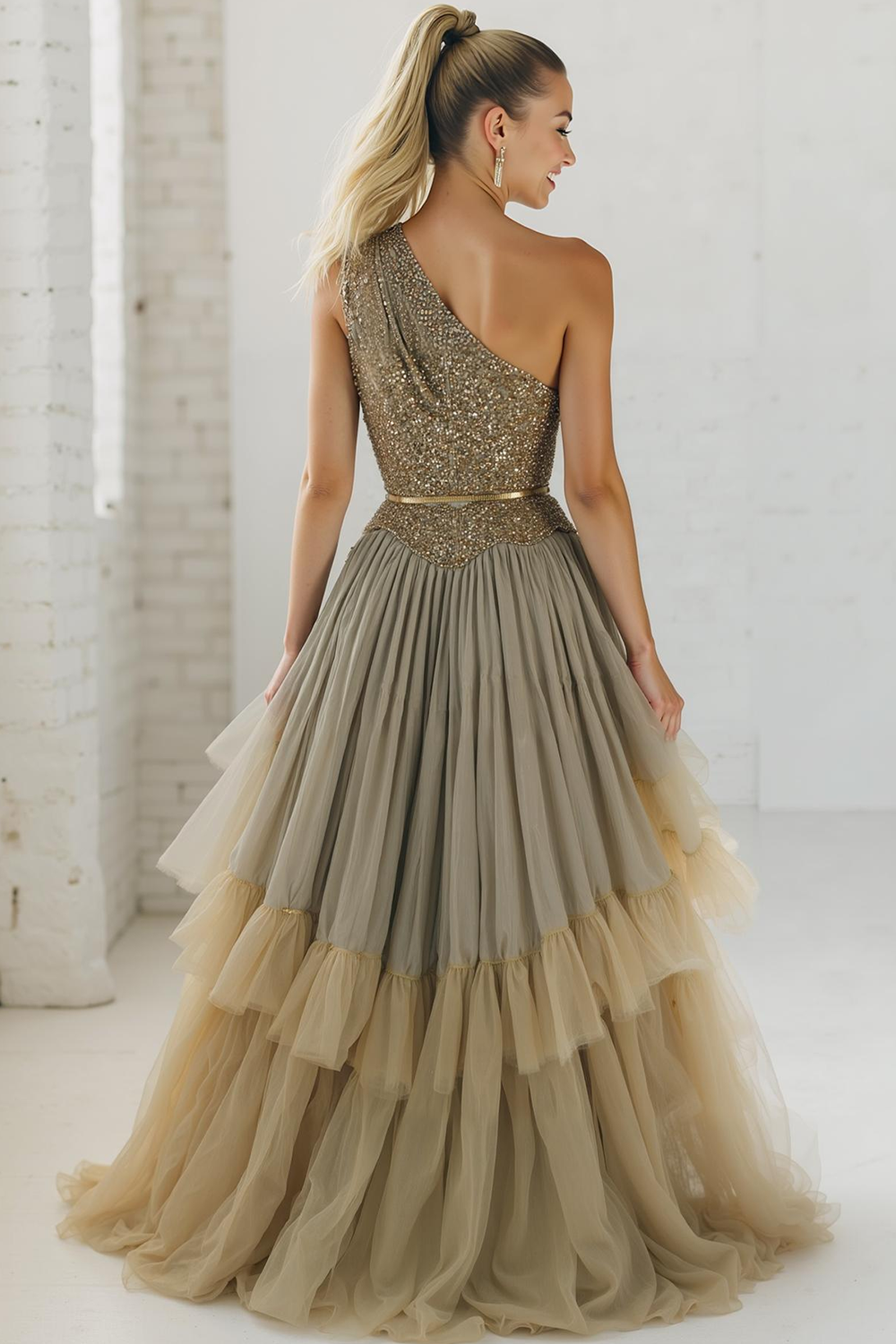 Modecrush Sparkly Brown One Shoulder Long Prom Dress with Sequin