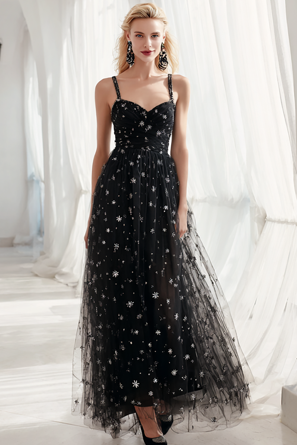 Modecrush Sparkly Black Spaghetti Straps Long Prom Dress with Sequin