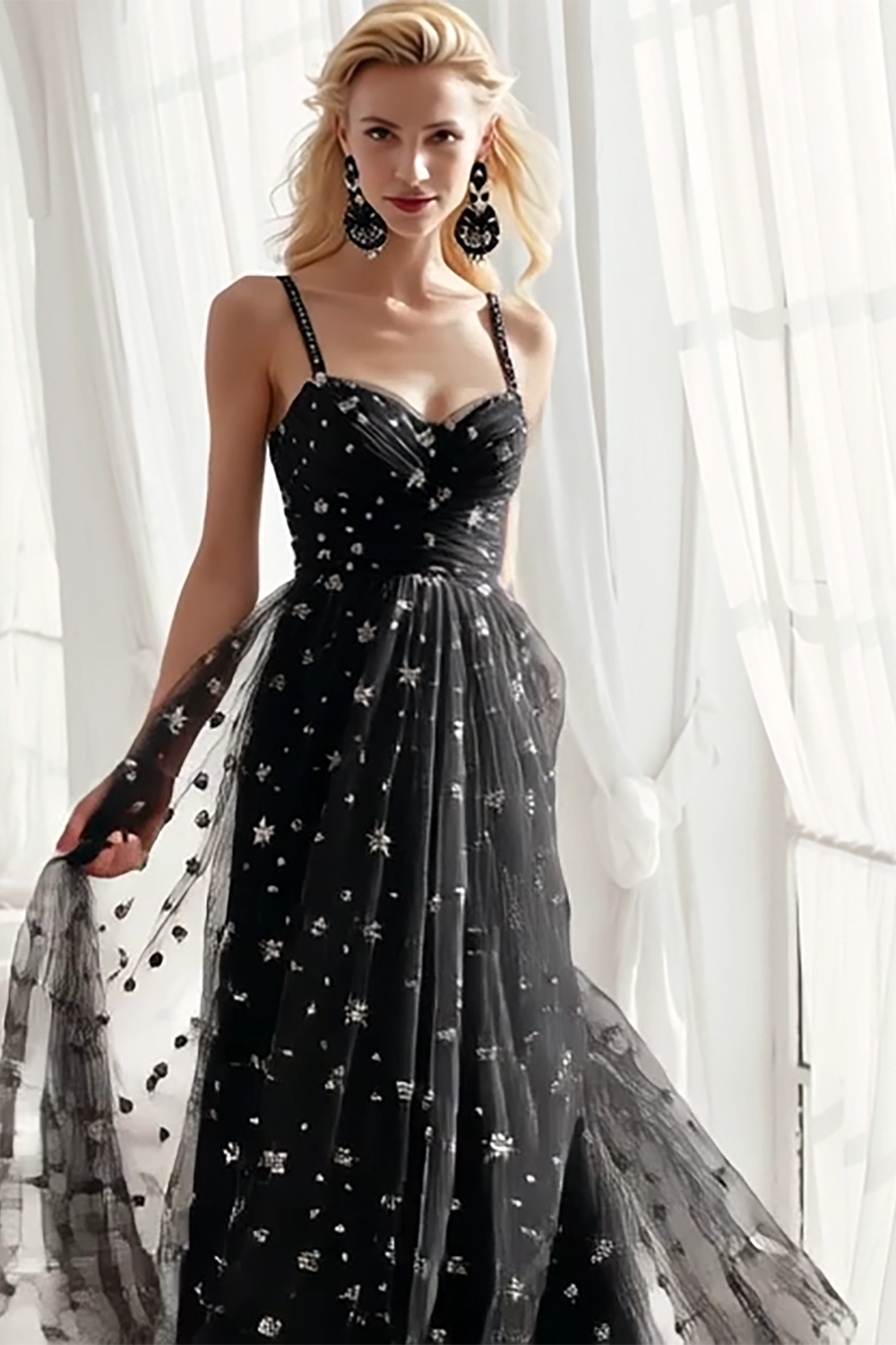 Modecrush Sparkly Black Spaghetti Straps Long Prom Dress with Sequin