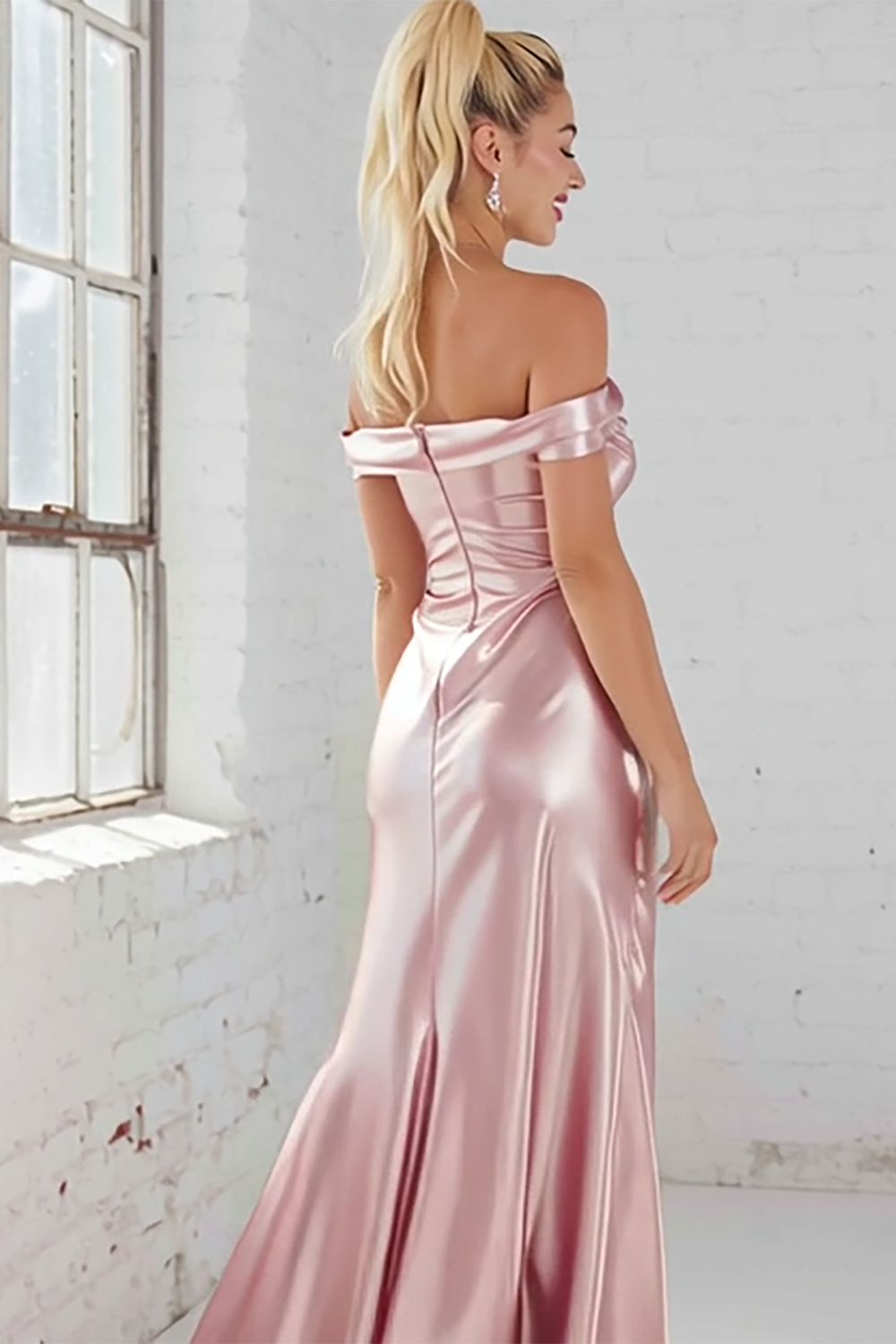 Modecrush Pink Sheath Off the Shoulder Satin Long Homecoming Dress 