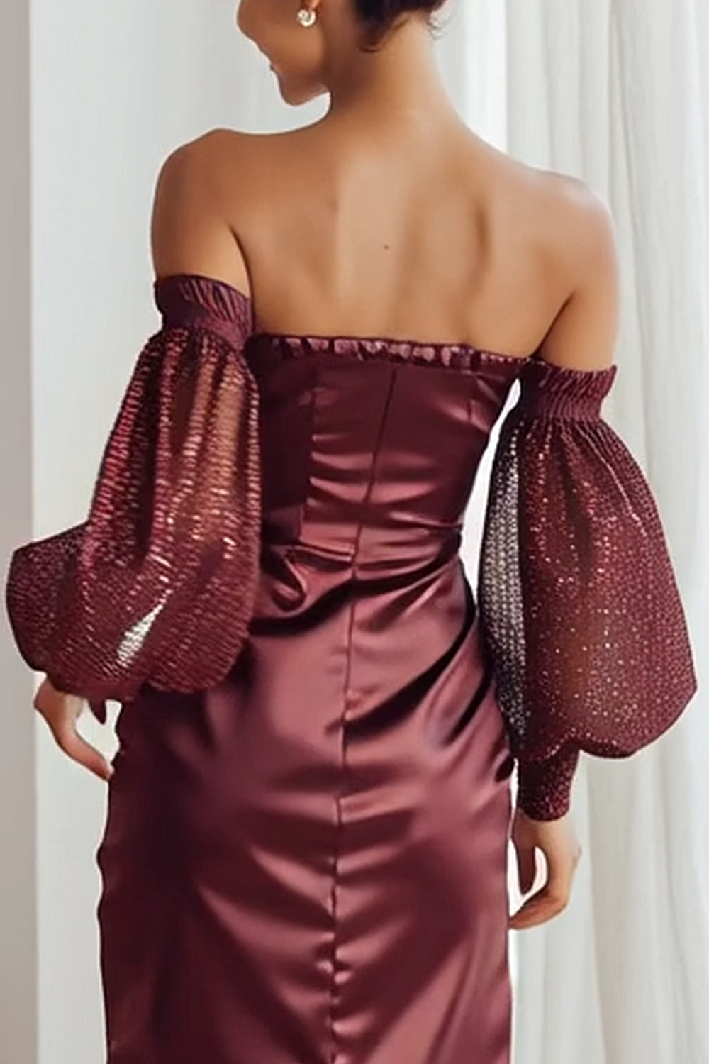 Modecrush Cabernet Bodycon Off the Shoulder Long Sleeve Prom Dress with Sequin