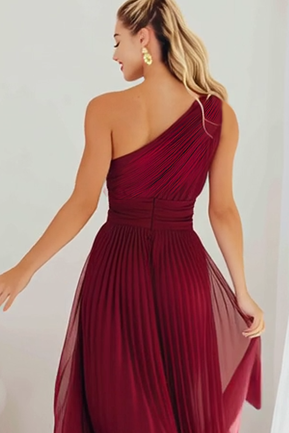 Modecrush A-Line Cabernet One Shoulder Pleated Organza Formal Dress 