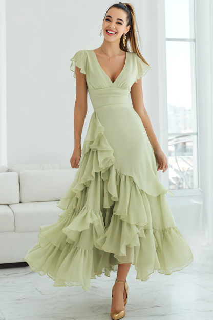 Modecrush Light Green A-Line V-Neck Chiffon Long Formal Dress with Ruffles