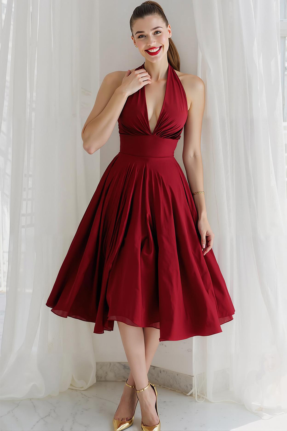 Modecrush Blue A-Line Halter Backless Satin Midi Homecoming Dress