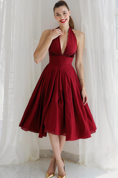 Modecrush Blue A-Line Halter Backless Satin Midi Homecoming Dress