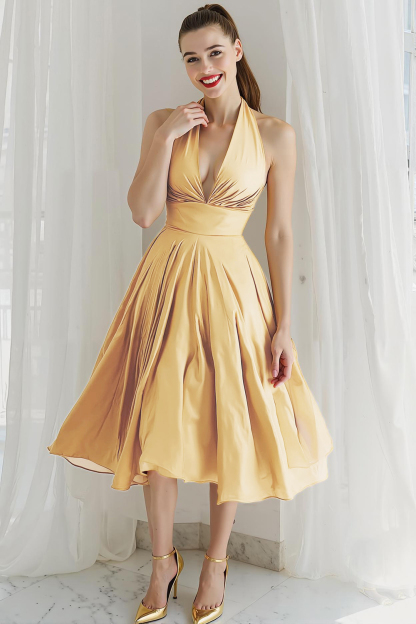 Modecrush Blue A-Line Halter Backless Satin Midi Homecoming Dress