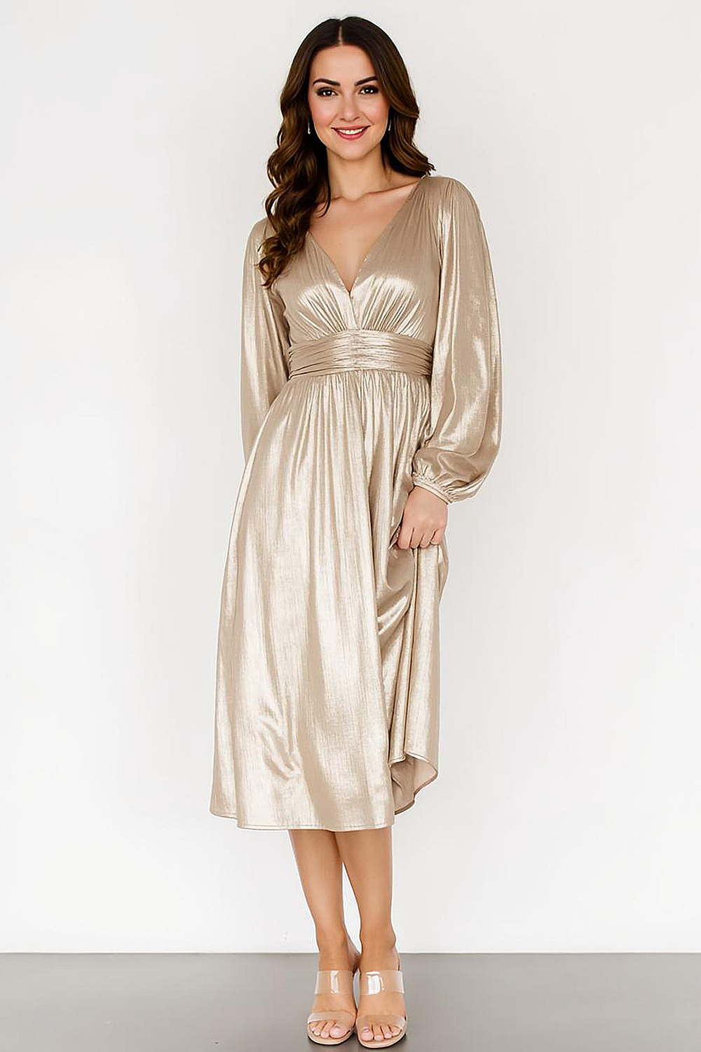 Modecrush Ivory Metallic Satin A-Line V-Neck Long Sleeves Formal Dress 