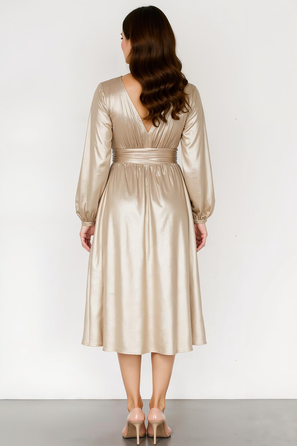 Modecrush Ivory Metallic Satin A-Line V-Neck Long Sleeves Formal Dress 