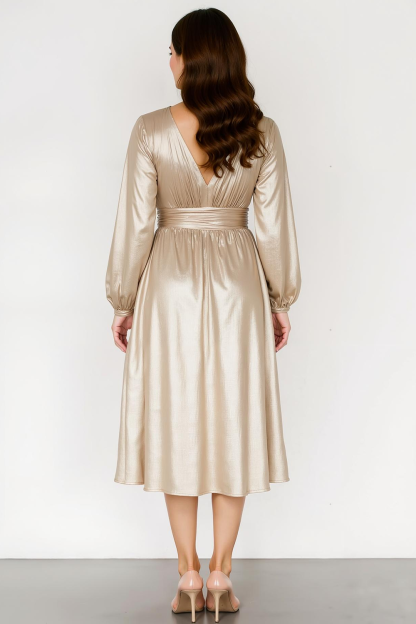 Modecrush Ivory Metallic Satin A-Line V-Neck Long Sleeves Formal Dress 
