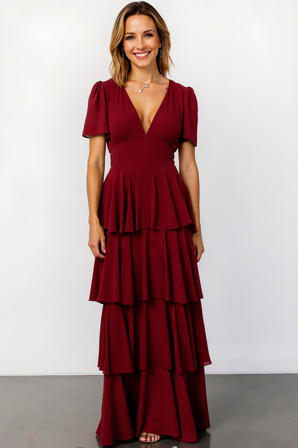 Modecrush A-Line Cabernet V-Neck Tiered Chiffon Long Formal Dress