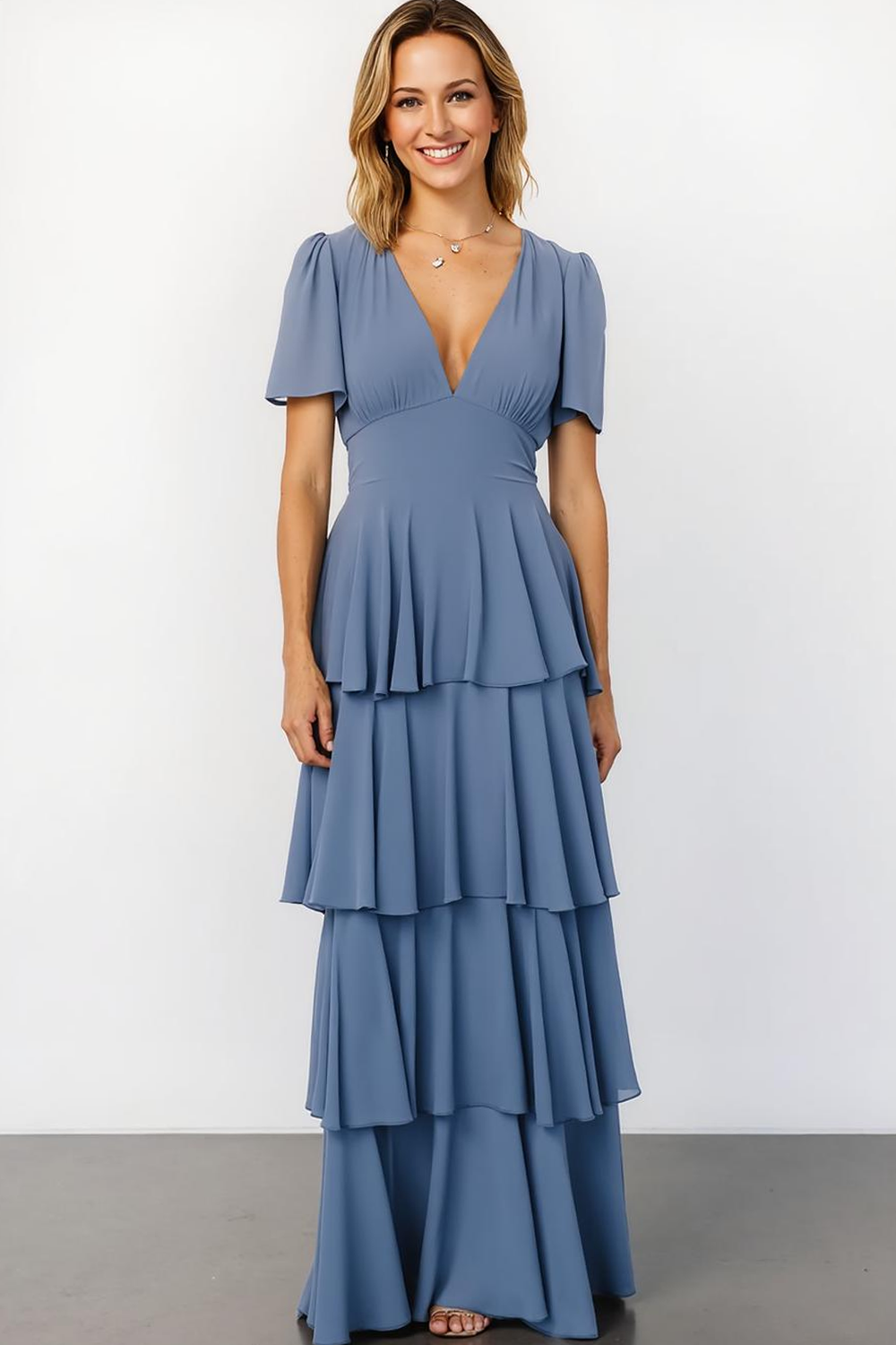 Modecrush A-Line Cabernet V-Neck Tiered Chiffon Long Formal Dress