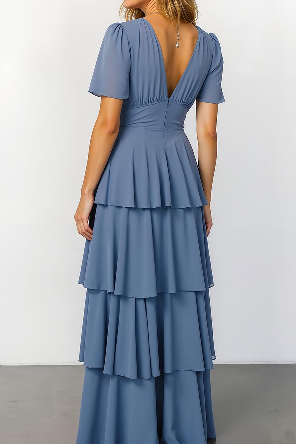 Modecrush A-Line Cabernet V-Neck Tiered Chiffon Long Formal Dress