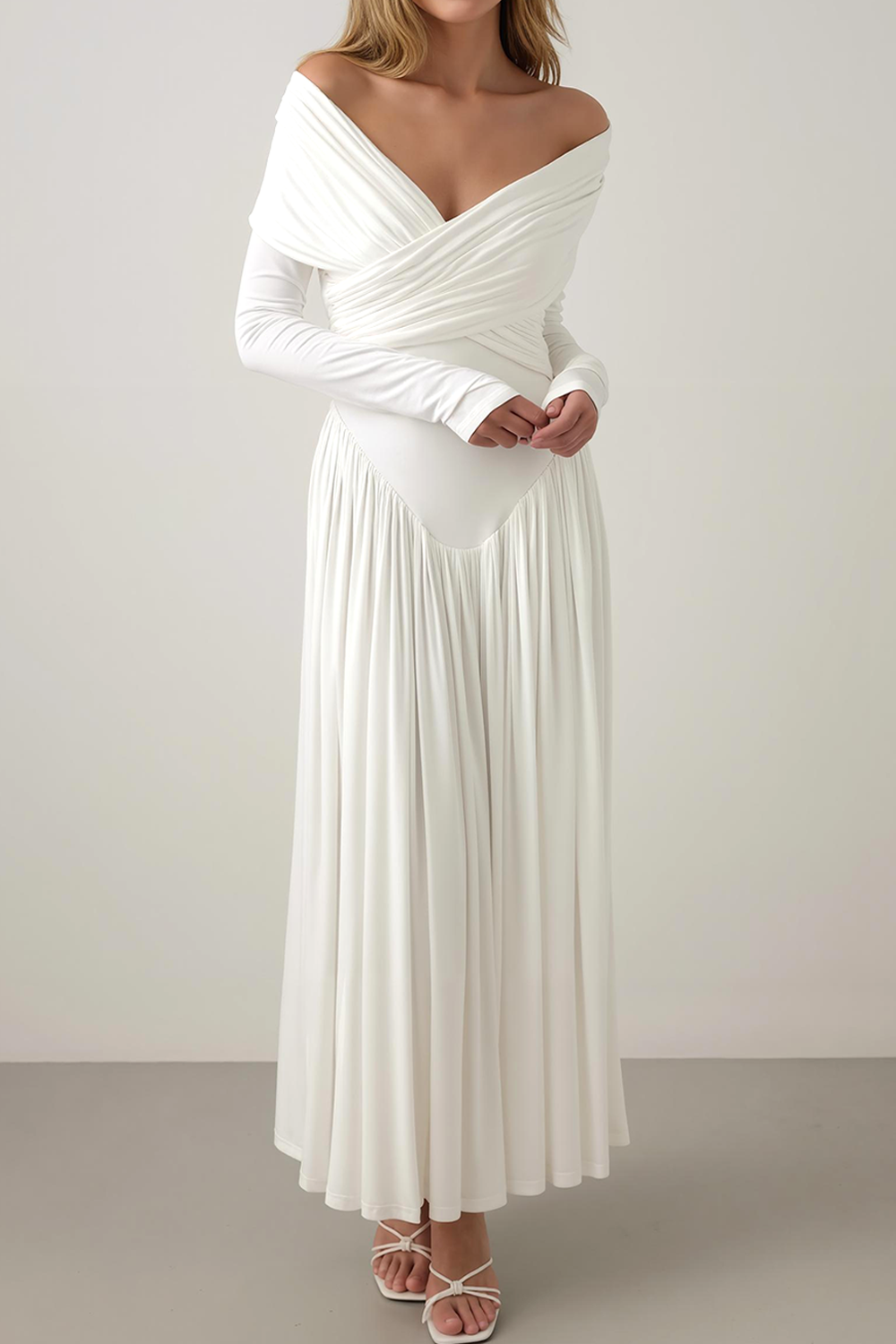 Modecrush White A-Line V-Neck Pleated Cotton Long Formal Dress