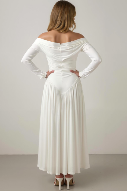 Modecrush White A-Line V-Neck Pleated Cotton Long Formal Dress