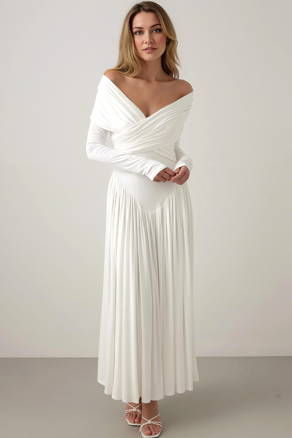 Modecrush White A-Line V-Neck Pleated Cotton Long Formal Dress
