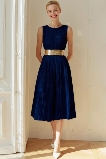 Modecrush Ivory A-Line Crew Neck Pleated Midi Formal Dress