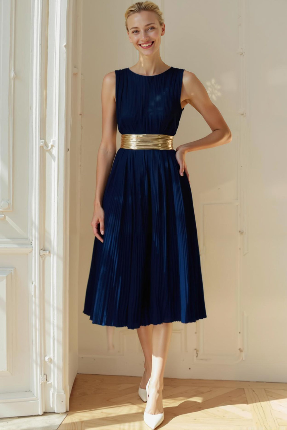 Modecrush Ivory A-Line Crew Neck Pleated Midi Formal Dress