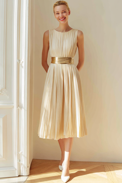 Modecrush Ivory A-Line Crew Neck Pleated Midi Formal Dress