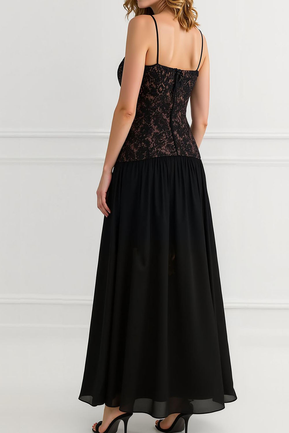 Modecrush Black A-Line Spaghetti Straps Chiffon Long Formal Dress with Applique