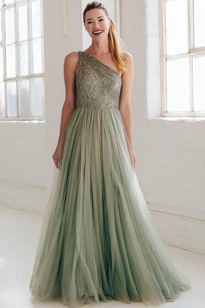 Modecrush Sparkly Sage Green A-Line One Shoulder Tulle Long Prom Dress with Sequin