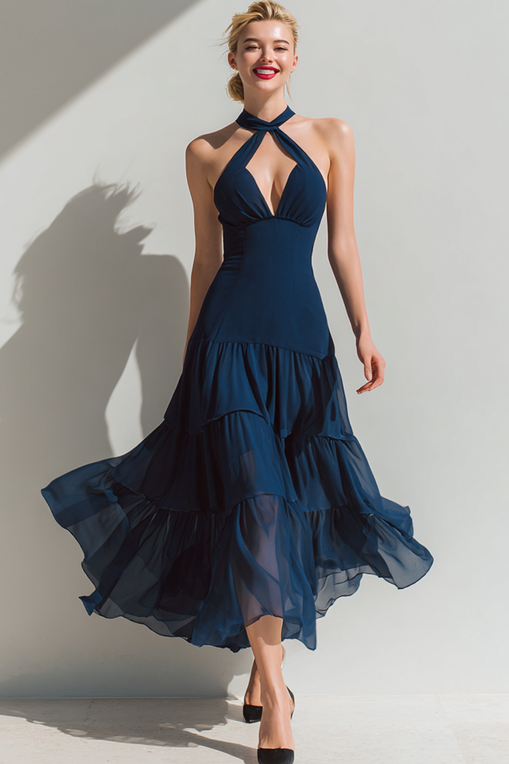 Modecrush A-Line Navy Halter Ruffled Organza Formal Dress