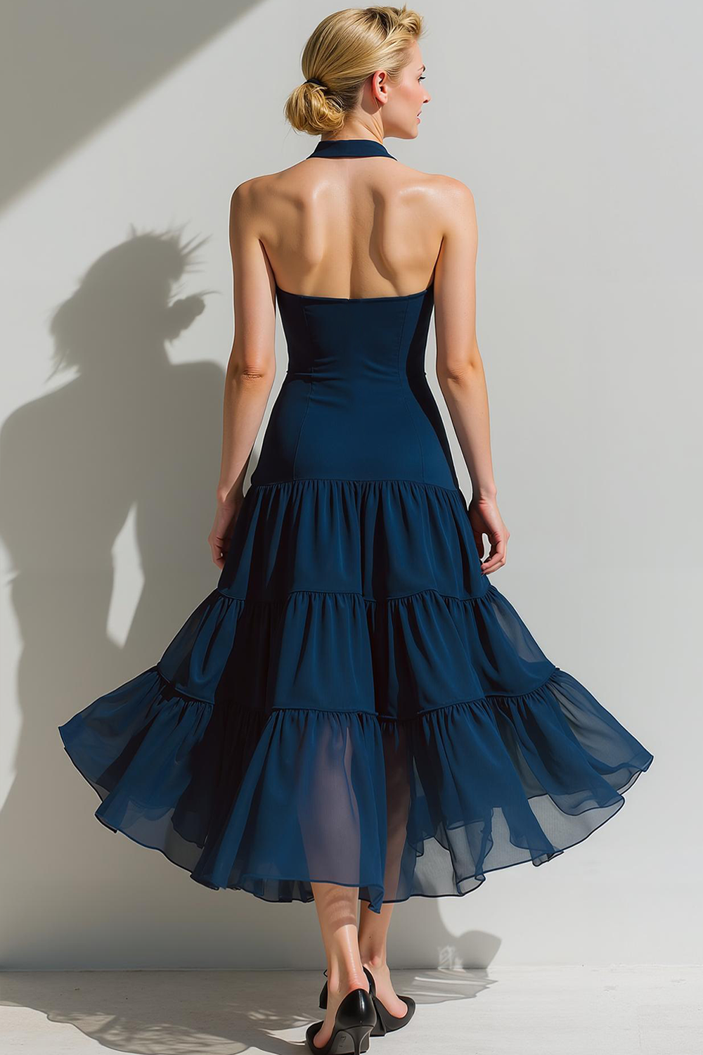 Modecrush A-Line Navy Halter Ruffled Organza Formal Dress