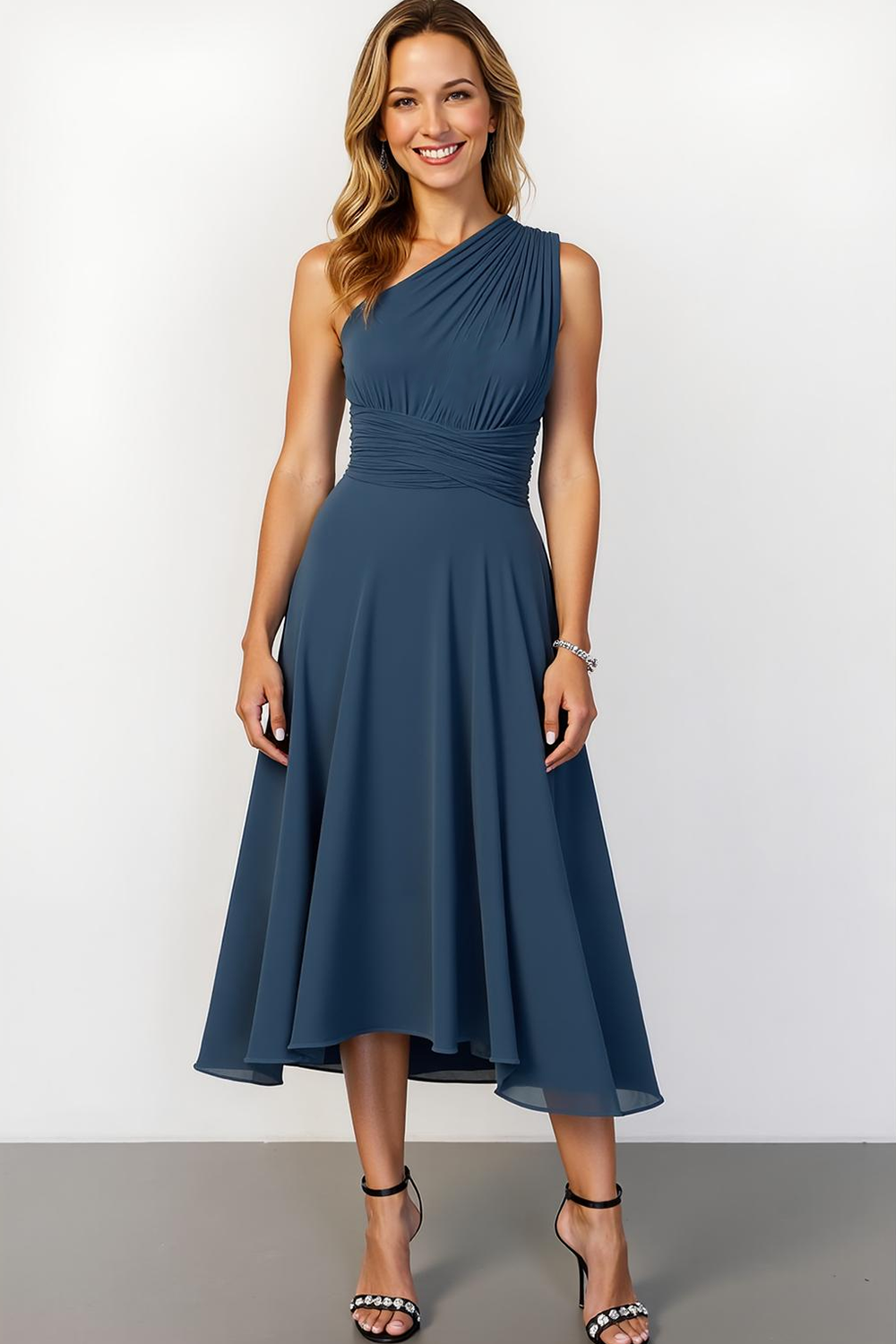 Modecrush Navy A-Line One Shoulder Chiffon Pleated Midi Formal Dress