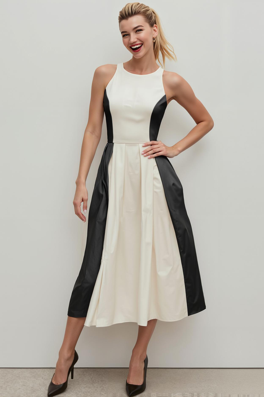 Modecrush White A-Line Crew Neck Sleeveless Satin Formal Dress 