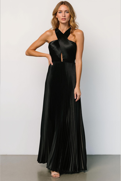 Modecrush Black A-Line Halter Metallic Satin Pleated Long Prom Dress