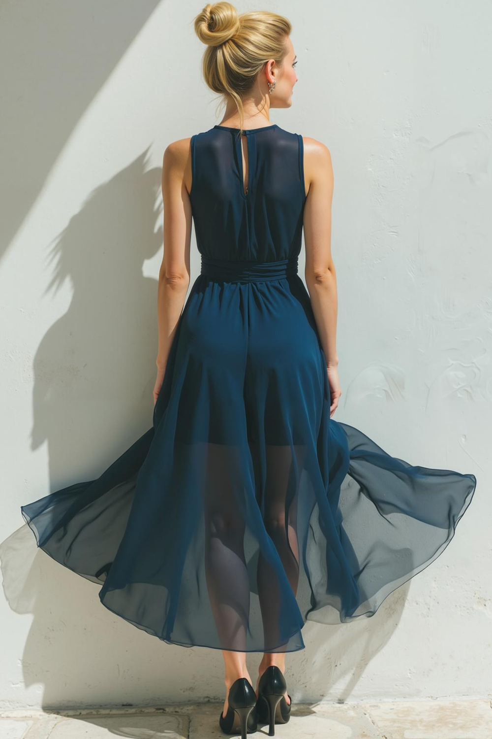 Modecrush Navy A-Line Crew Neck Chiffon Long Formal Dress 