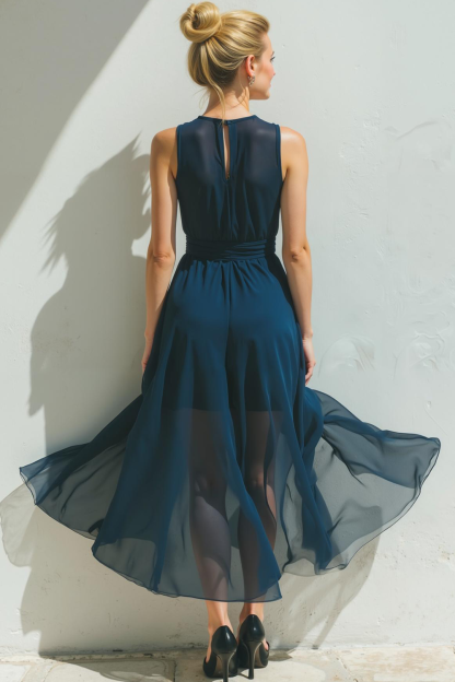 Modecrush Navy A-Line Crew Neck Chiffon Long Formal Dress 