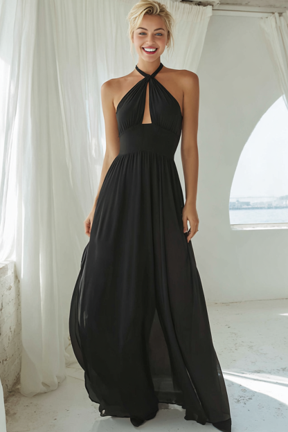 Modecrush A-Line Black Halter Chiffon Long Formal Dress