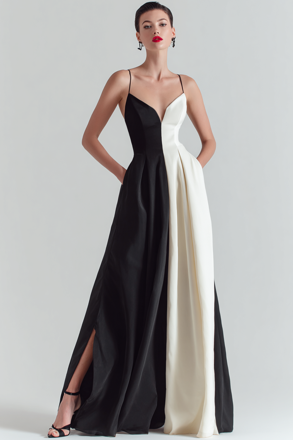 Modecrush Black and White A-Line Spaghetti Straps Satin Long Formal Dress with Slit
