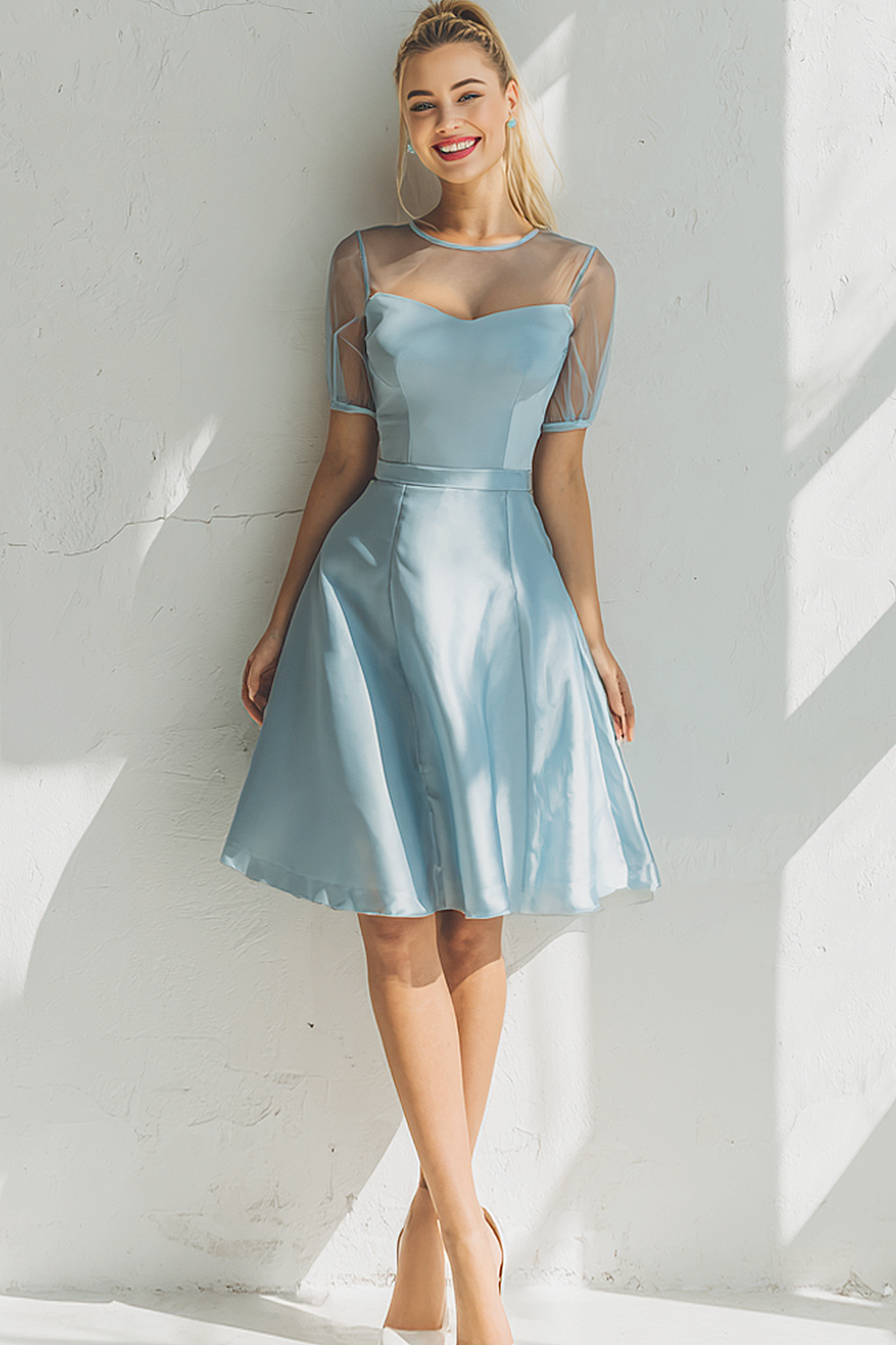 Modecrush Sky Blue A-Line Illusion Neck Satin Homecoming Dress