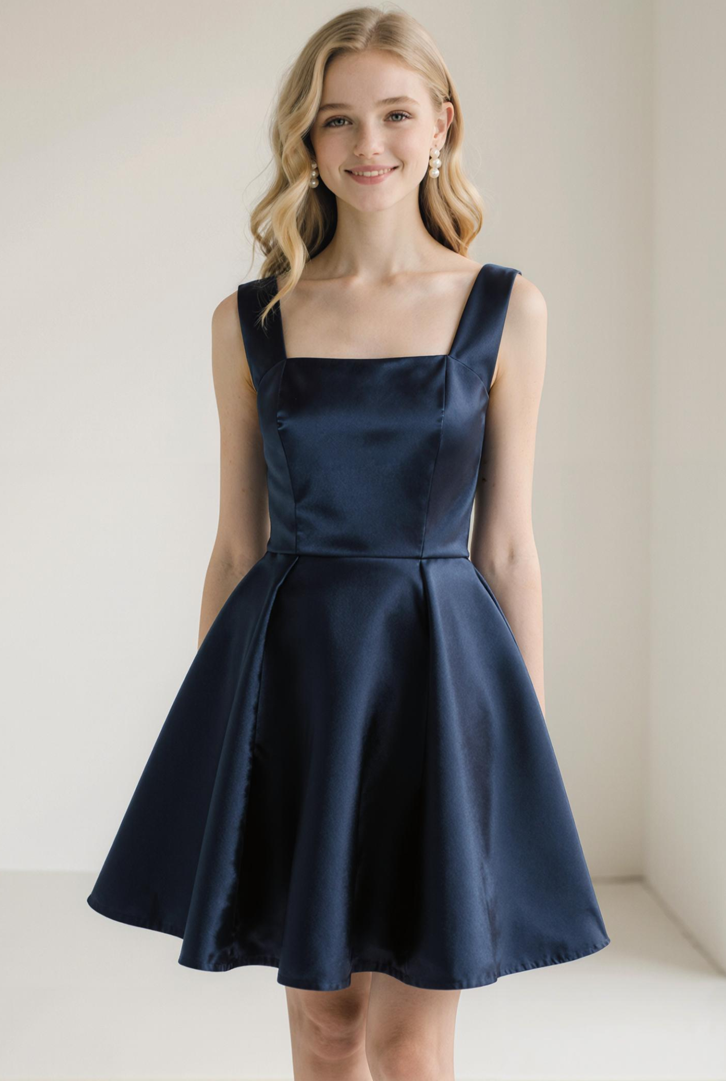 Modecrush Navy A-Line Square Neck Satin Short Homecoming Dress