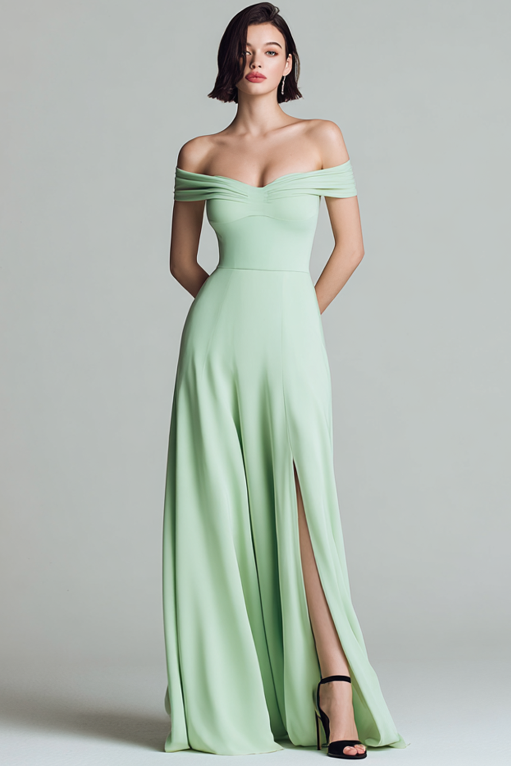 Modecrush Light Green A-Line Off the Shoulder Chiffon Long Formal Dress with Slit