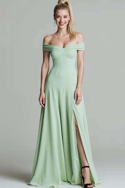 Modecrush Light Green A-Line Off the Shoulder Chiffon Long Formal Dress with Slit
