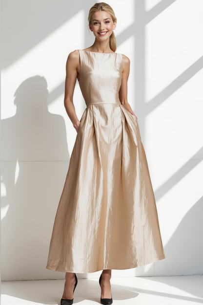 Modecrush Champagne A-Line Crew Neck Satin Long Prom Dress