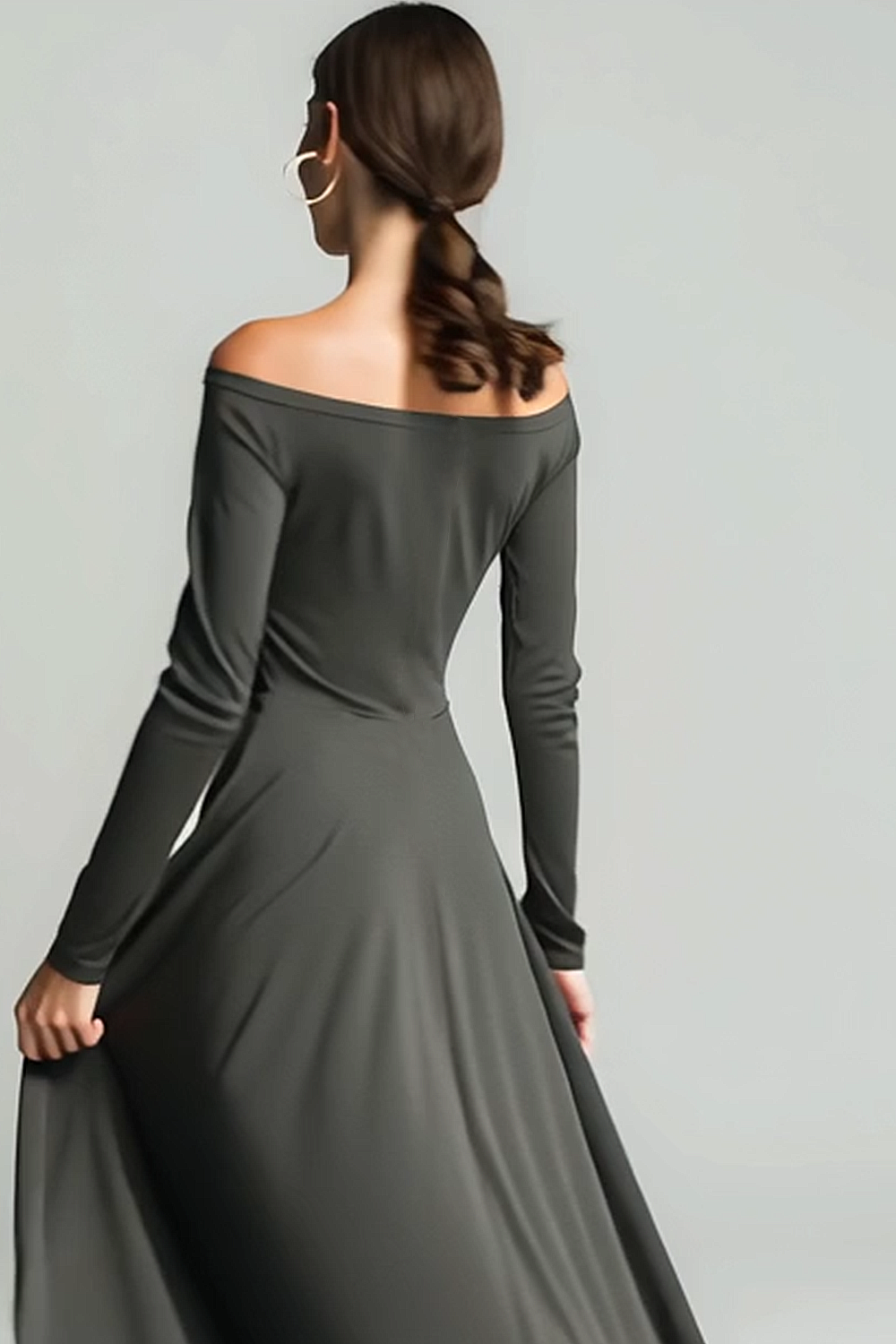Modecrush Black A-Line Off the Shoulder Chiffon Long Sleeves Formal Dress 