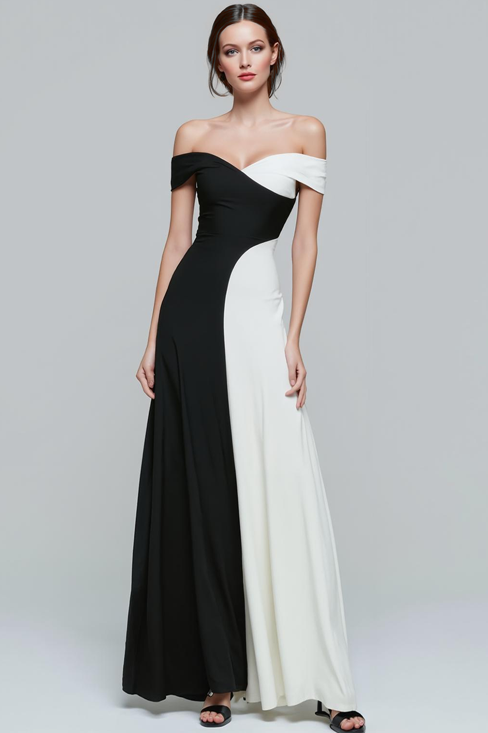 Modecrush Black&White A-Line Off the Shoulder Chiffon Long Formal Dress 