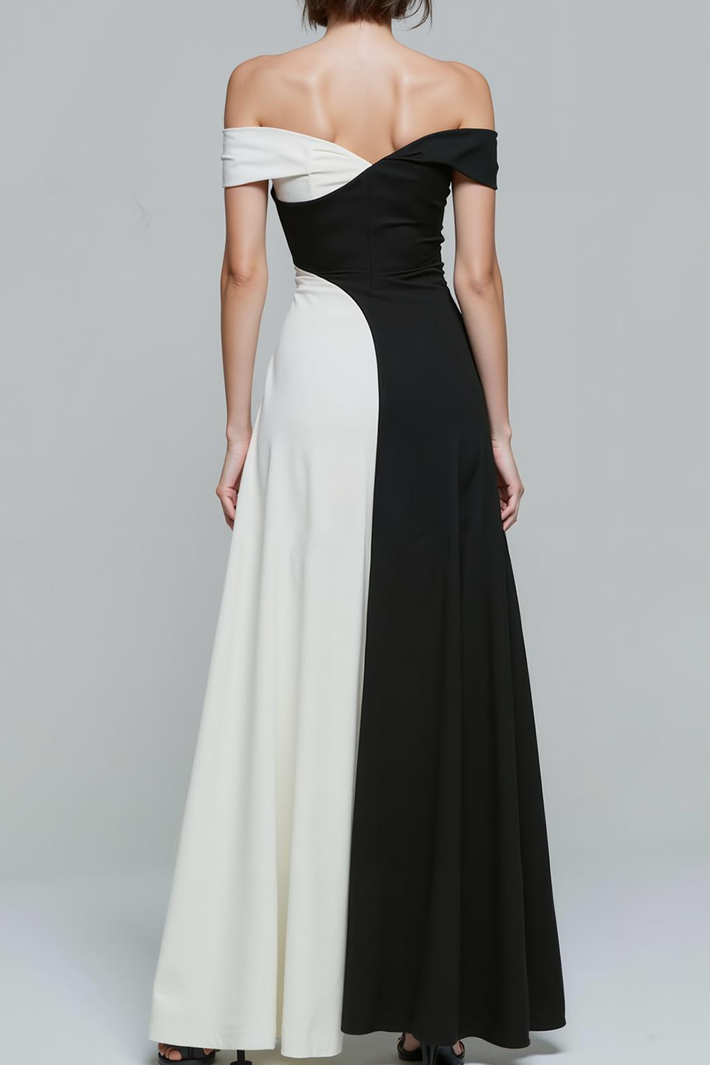 Modecrush Black&White A-Line Off the Shoulder Chiffon Long Formal Dress 