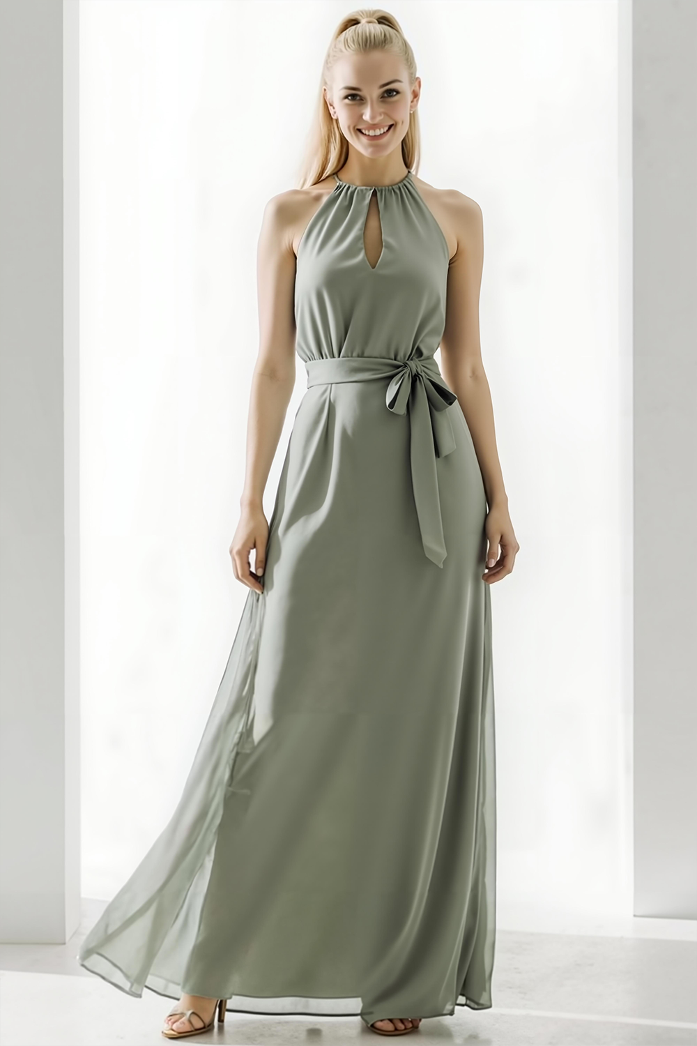 Modecrush Sage Green A-Line Halter Chiffon Long Formal Dress with Sash