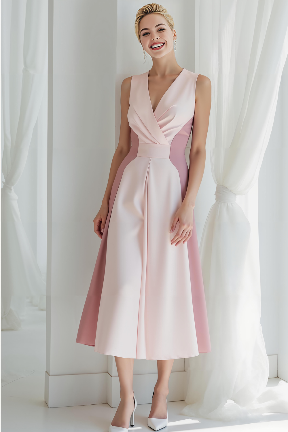 Modecrush Pink A-Line V Neck Satin Long Formal Dress 