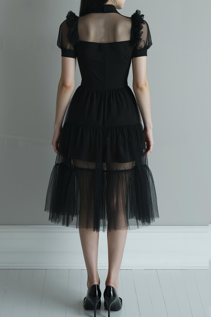 Modecrush Black A-Line Illusion Neck Tulle Midi Homecoming Dress