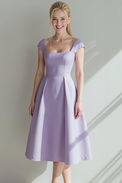 Modecrush Lilac A-Line Square Neck Satin Midi Formal Dress