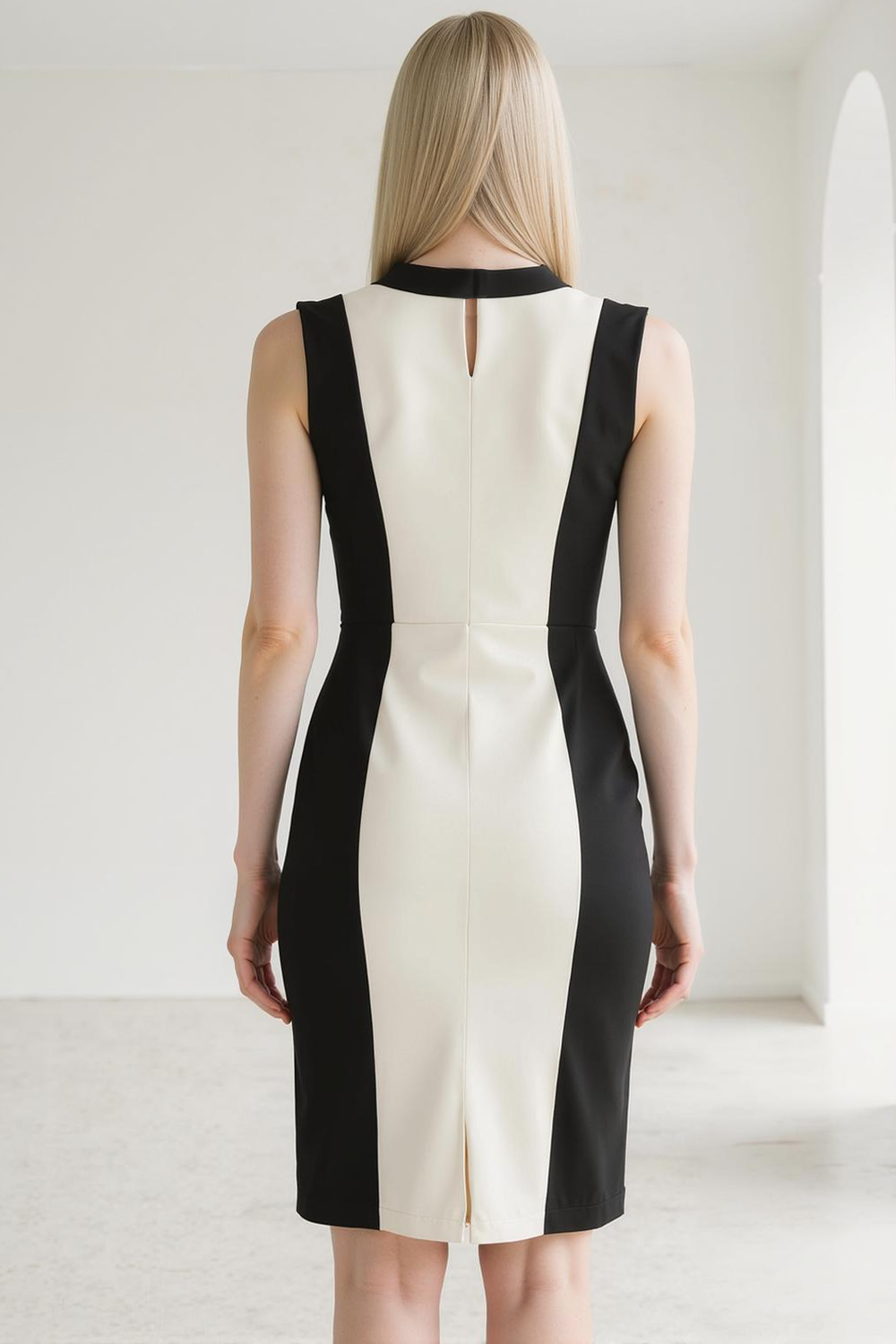 Modecrush Black&White Sheath Crew Neck Satin Formal Dress 